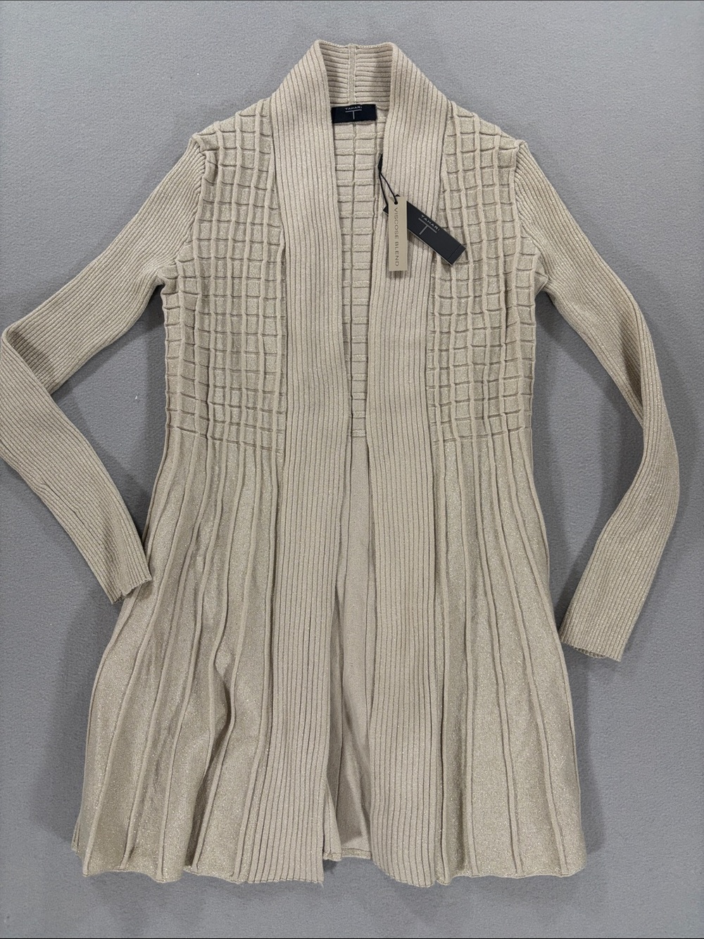 Tahari Viscose blend champagne Beige gold metallic Knit Cardigan Sweater S